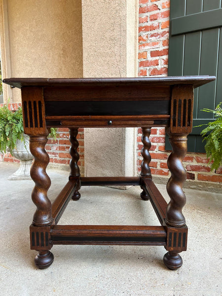 Antique English Sofa Side Table Barley Twist Ebonized Library Desk Carved Oak
