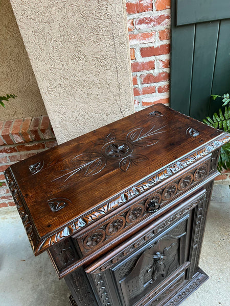 Antique French Carved Oak Cabinet Breton Brittany Cocktail Sideboard Server