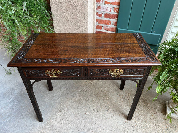 Antique English Sofa Console Table Jacobean Carved Oak Foyer Table c1890