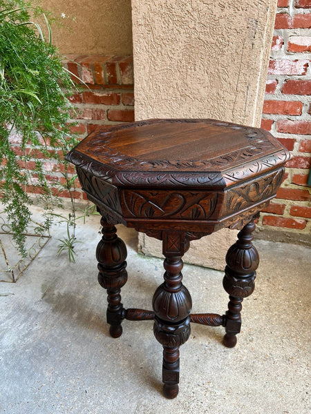 PETITE Antique French Octagon Center Side TABLE Renaissance Carved Oak c1890