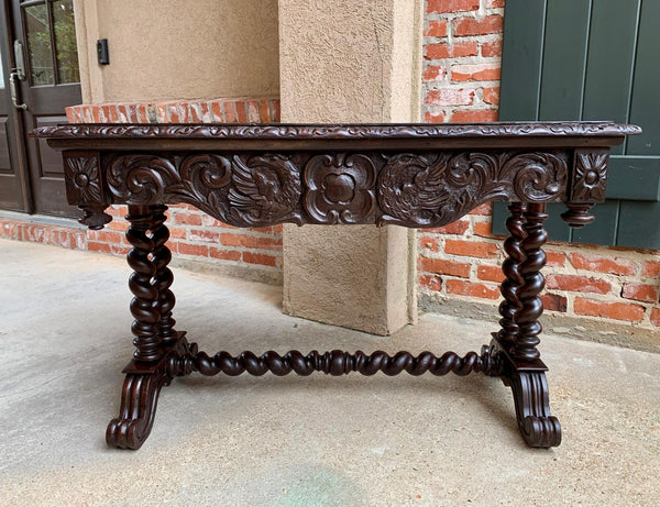 Antique French Console Sofa Table Carved Oak Barley Twist Desk Renaissance c1890