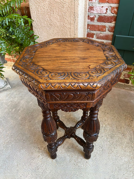Petite Antique French Octagon Side TABLE Renaissance Carved Oak c1900