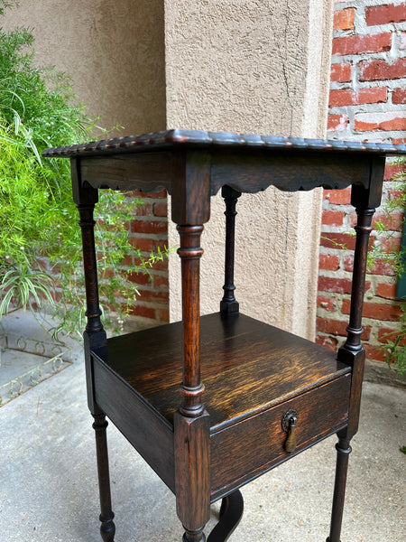 Antique English End Table SQUARE PETITE Jacobean Oak Two Tier c1900