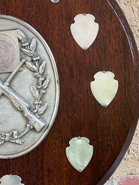 Antique English Rifle Gun Shoot Trophy Award Plaque Silver plate Shield c1910