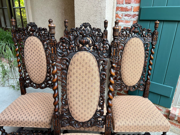 Set 4 TALL Antique French Dining Chair Barley Twist Renaissance Carved Oak 1890