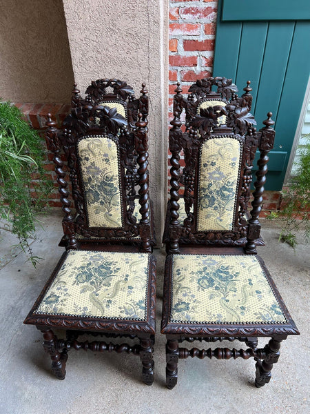 Set 4 Antique French Dining Chair Barley Twist Renaissance Carved Oak Green 1900