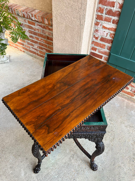 Antique Foyer Hall Table British Colonial Carved Wood Leather Flip Top Burmese