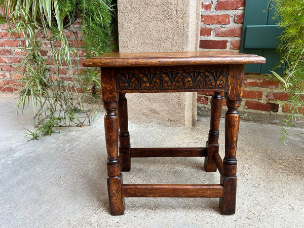 Antique English Footstool Bench Joint Stool Carved Oak Jacobean Stand c1900