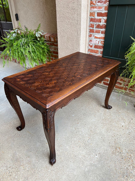 Antique French Sofa Side Table Writing Desk Louis XV Carved Oak Parquet Top