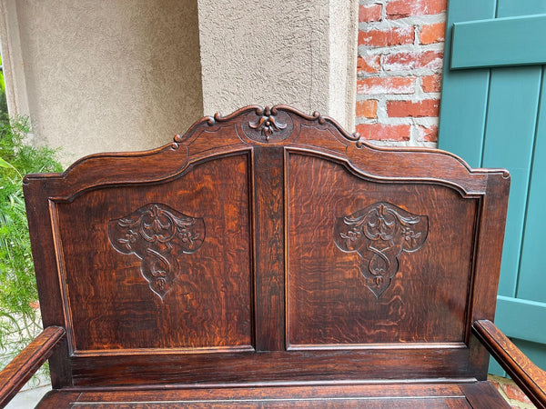 Antique French Louis XV Hall Bench Carved Oak Foyer Settee Lift Top Chest c1890