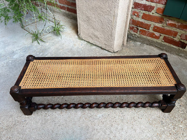 Antique English Barley Twist Stool Bench Oak Cane Jacobean Ottoman c1920