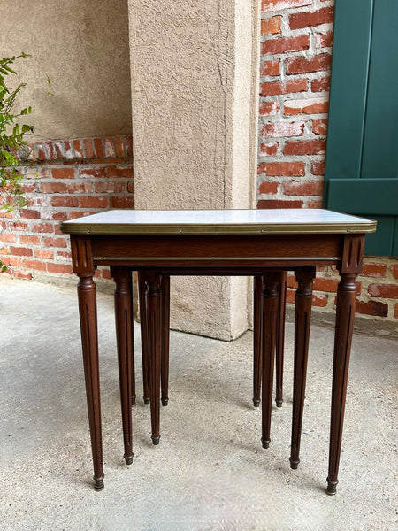 Set 3 Vintage French Nesting Table WHITE MARBLE Mahogany Louis XVI Maison Jansen