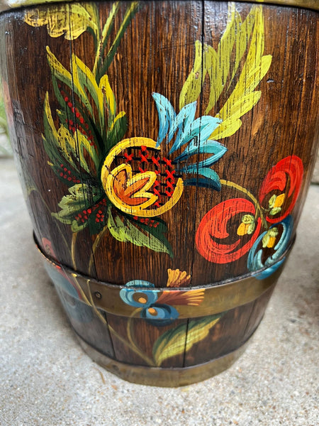 PAIR Set Antique English Oak Barrel Jardinière Planter Rosemaling Hand Painted
