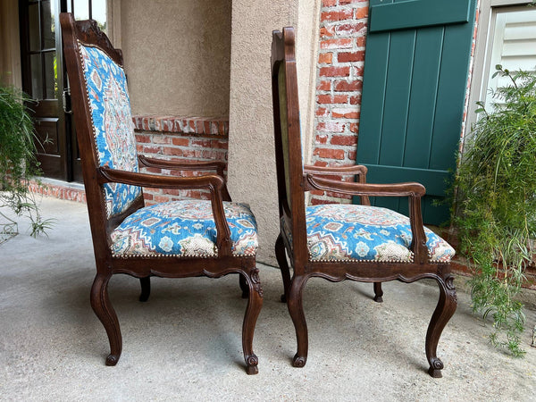 PAIR Antique French Dining Arm Chair Louis XV Carved Oak Blue Persian textile