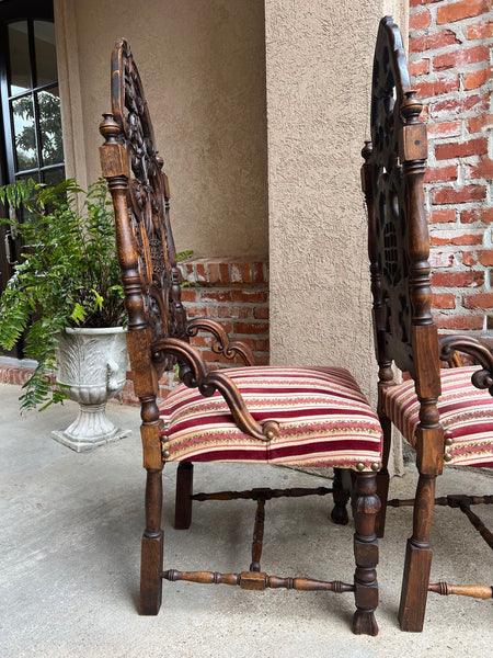 PAIR Antique French Dining Chairs Renaissance Revival Open Carved Oak SET of 2
