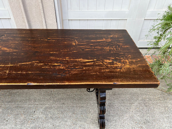 Antique French Oak Dining Table Catalan Trestle 7 ft. Farmhouse Plank Top c1890