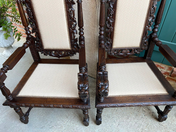 PAIR Antique French Arm Chair Dining Renaissance Carved Oak Bird Black Forest
