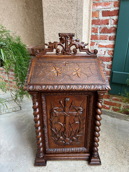 Antique French Altar Lecturn Gothic Bible Box Podium Sacristy Cabinet Carved Oak