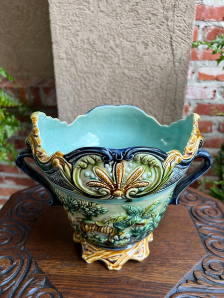 Antique French Majolica Jardinière Onnaing Tiger Monkey Jungle Cache Pot Planter