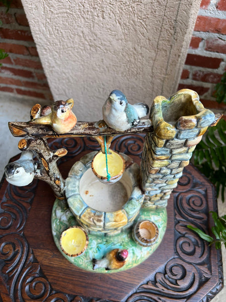 Antique French Majolica Bird Wishing Well Flower Holder Cache Pot Jerome Massier