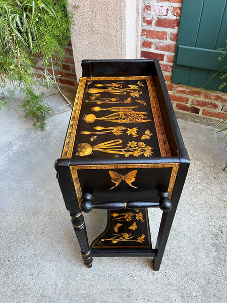 Antique English Sofa Side Table Decoupage Botanical Floral Black Gold c1890