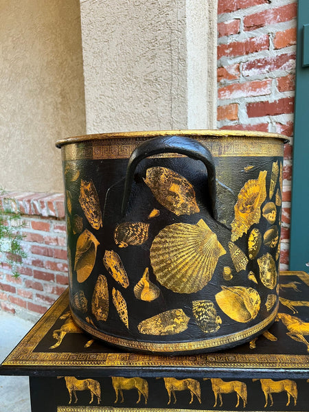 LARGE Antique English Planter Cachepot Black Metal Lacquer SHELL Decoupage c1890