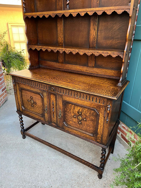 Antique English Welsh Dresser Sideboard Barley Twist Carved Tiger Oak Farmhouse