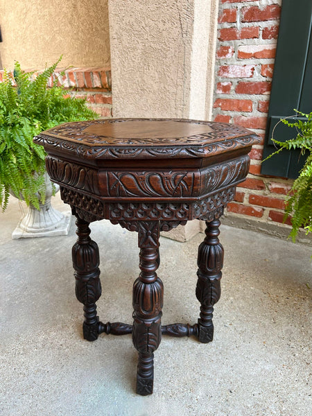 PETITE Antique French Octagon Center Side TABLE Side End Renaissance Carved Oak