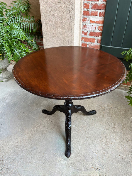 Antique French Tilt-Top Round Table Carved Mahogany Game Mahjong Wine c1890
