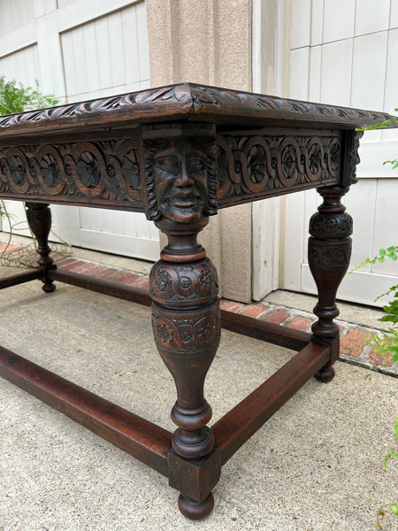 Antique French Renaissance Carved Oak Library Center Table Console Island c1880