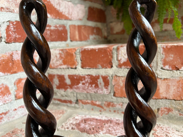 PAIR Set Antique English Oak OPEN Barley Twist Candlesticks Candle Holder Brass