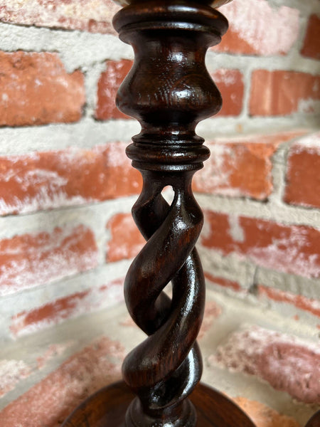 PAIR Set Antique English Oak OPEN Barley Twist Candlesticks Candle Holder Brass