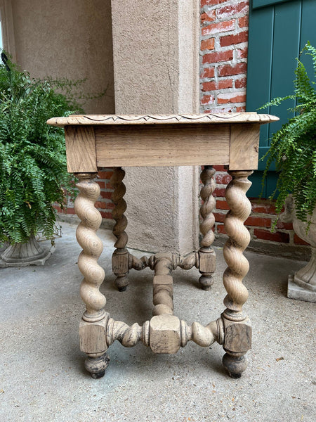 Antique French Side Table Barley Twist Bleached Carved Oak Nightstand Louis XIII