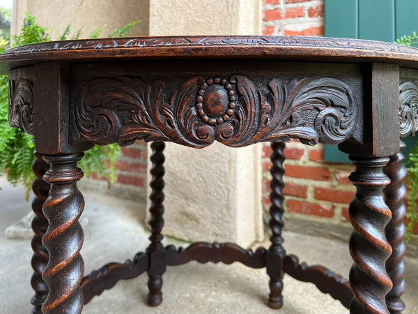 Antique French ROUND Side Center Table BARLEY TWIST Carved Oak Renaissance c1900