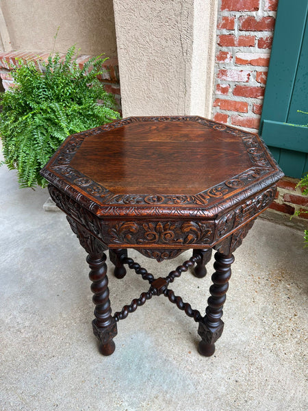 Antique French Octagon Sofa Table Carved Oak Barley Twist Louis XIII Renaissance