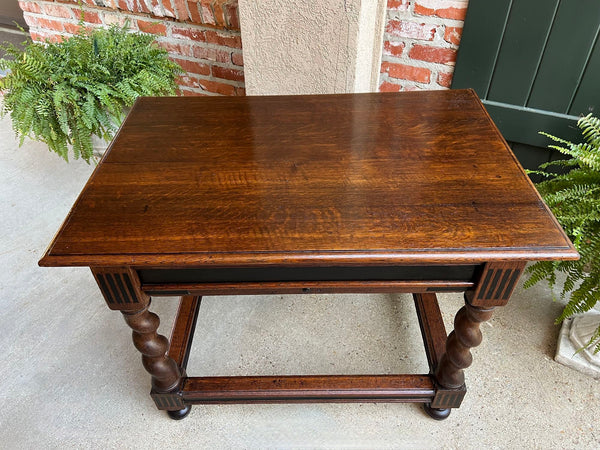 Antique English Sofa Side Table Barley Twist Ebonized Library Desk Carved Oak