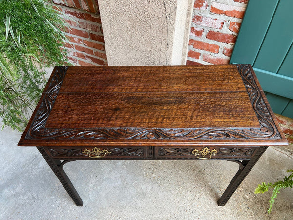 Antique English Sofa Console Table Jacobean Carved Oak Foyer Table c1890