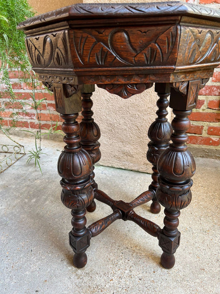 PETITE Antique French Octagon Center Side TABLE Renaissance Carved Oak c1890