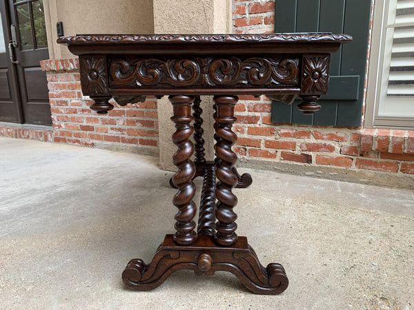 Antique French Console Sofa Table Carved Oak Barley Twist Desk Renaissance c1890