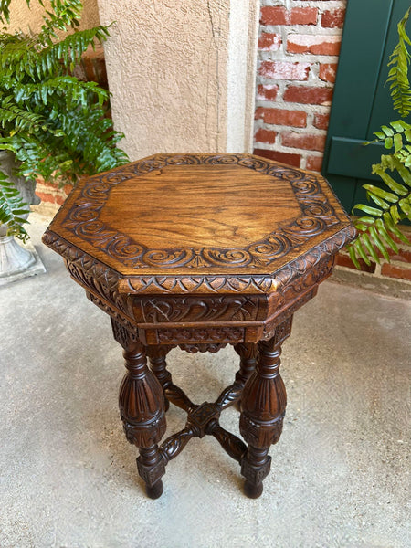 Petite Antique French Octagon Side TABLE Renaissance Carved Oak c1900
