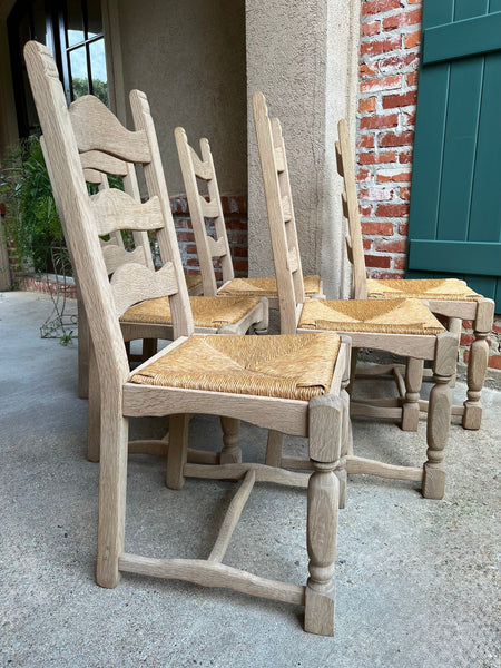 Set 6 Vintage French Ladder Back Dining Chairs Rush Seat Bleached Oak Farmhouse