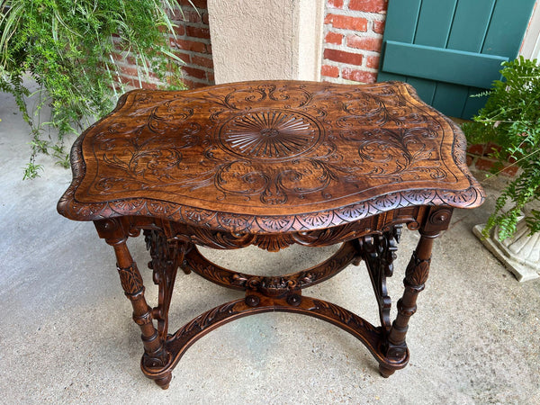 Antique French Sofa Hall Table Carved Oak Renaissance Revival Cherub End Table