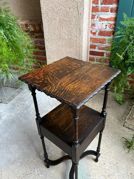 Antique English End Table SQUARE PETITE Jacobean Oak Two Tier c1900