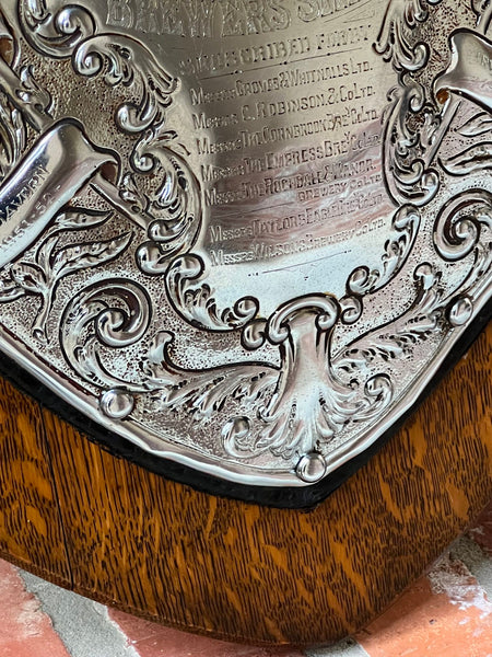Antique English Dart Game Trophy Award Shield Oak Plaque Silver Plate c1909