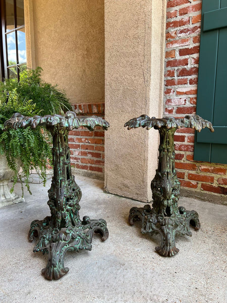 PAIR Antique French Round Side Table Grotto Rococo Cast Iron Plant Stand c1880