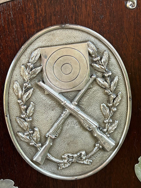Antique English Rifle Gun Shoot Trophy Award Plaque Silver plate Shield c1910