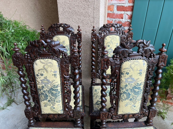 Set 4 Antique French Dining Chair Barley Twist Renaissance Carved Oak Green 1900
