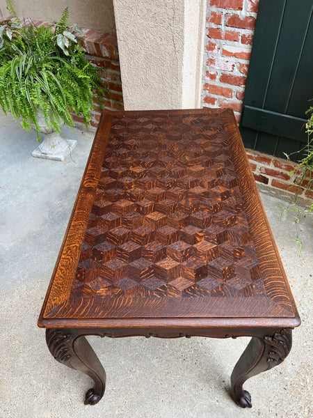 Antique French Sofa Side Table Writing Desk Louis XV Carved Oak Parquet Top