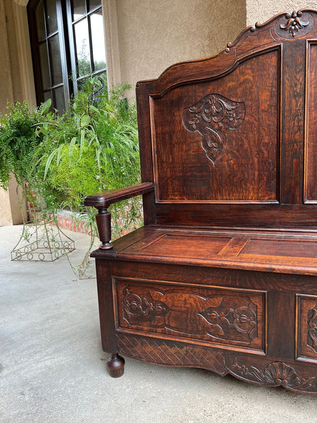 Antique French Louis XV Hall Bench Carved Oak Foyer Settee Lift Top Chest c1890