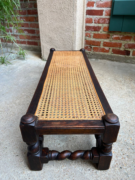 Antique English Barley Twist Stool Bench Oak Cane Jacobean Ottoman c1920